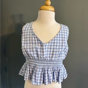 Hollister Light Blue Checkered Smocked Blouse